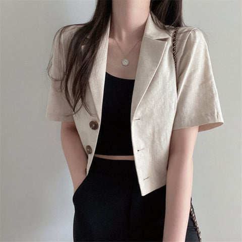 QOERLIN Korean Pure Color Short Sleeve Cotton Linen Suit Blazer Female 2023 Summer Temperament Short Jacket Office Ladies