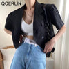 QOERLIN Linen Super Short Blazer Short Sleeve Women Summer Loose Jacket Coat Double-Breasted Tops Korean Chic Cardigans Workwear