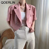 QOERLIN Linen Super Short Blazer Short Sleeve Women Summer Loose Jacket Coat Double-Breasted Tops Korean Chic Cardigans Workwear