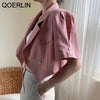 QOERLIN Linen Super Short Blazer Short Sleeve Women Summer Loose Jacket Coat Double-Breasted Tops Korean Chic Cardigans Workwear