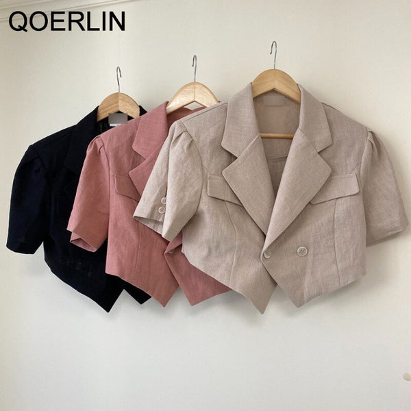 QOERLIN Linen Super Short Blazer Short Sleeve Women Summer Loose Jacket Coat Double-Breasted Tops Korean Chic Cardigans Workwear