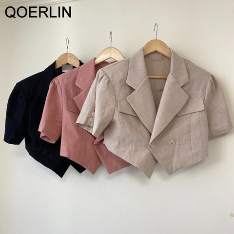 QOERLIN Linen Super Short Blazer Short Sleeve Women Summer Loose Jacket Coat Double-Breasted Tops Korean Chic Cardigans Workwear
