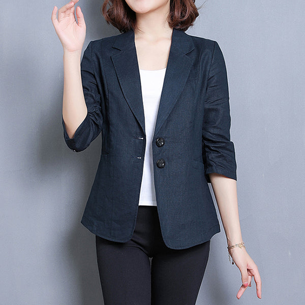 QOERLIN Notched Collar Blazer Linen Suit Jacket Women 2023 Slim Thin Summer Cotton Linen Pocket Two Buttons Suit Office Lady