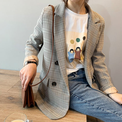 QOERLIN Plaid Blazer Women Autumn Winter Korean Suit Jacket Coat Loose Casual Notched Collar Long Sleeve Pocket Suit Coat 2023