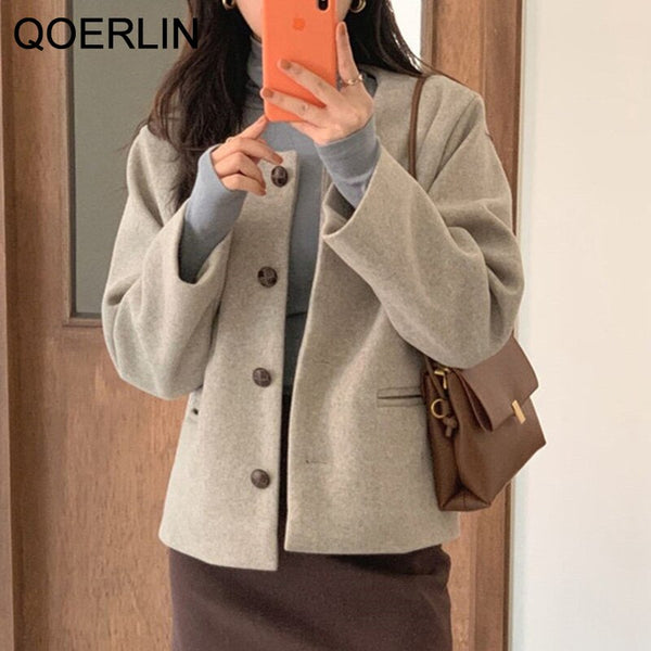 QOERLIN Winter Thicked Woolen Blazer Women Single-Breasted Jacket Coat Women Long Sleeve Warm Coat O-Neck Short Overcoat Female