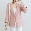 QORLIN M-XXXL Korean Linen Blazer Office Lady Three-Quarter Sleeve One Button Pink Suit Jacket Women Summer Casual Coat