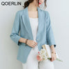 QORLIN M-XXXL Korean Linen Blazer Office Lady Three-Quarter Sleeve One Button Pink Suit Jacket Women Summer Casual Coat