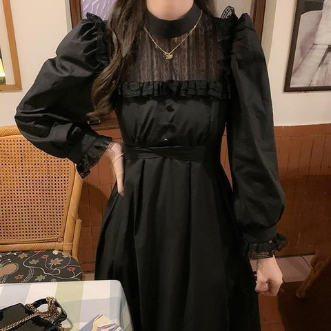 QWEEK Gothic Black Lace Dress Women Casual Elegant Party Midi Ruffle Long Sleeve Dress Emo Y2k Goth Clothes 2023 Spring Robes