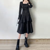 QWEEK Gothic Ruffle Balck Dress Streetwear Women Square Collar Split Midi Bandage Srappy Long Sleeve Party Dresses for Women