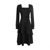 QWEEK Gothic Ruffle Balck Dress Streetwear Women Square Collar Split Midi Bandage Srappy Long Sleeve Party Dresses for Women