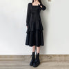 QWEEK Gothic Ruffle Balck Dress Streetwear Women Square Collar Split Midi Bandage Srappy Long Sleeve Party Dresses for Women