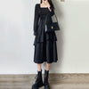 QWEEK Gothic Ruffle Balck Dress Streetwear Women Square Collar Split Midi Bandage Srappy Long Sleeve Party Dresses for Women