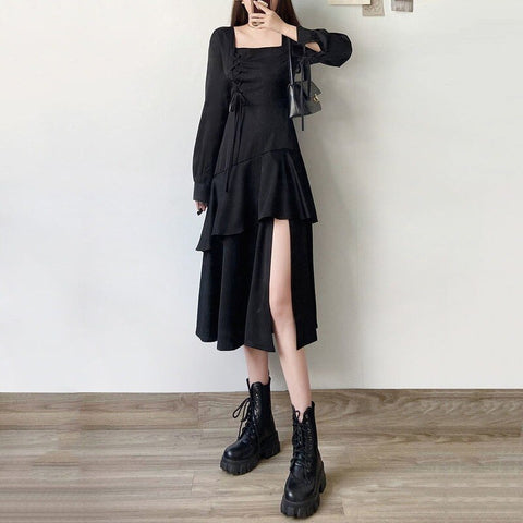 QWEEK Gothic Ruffle Balck Dress Streetwear Women Square Collar Split Midi Bandage Srappy Long Sleeve Party Dresses for Women