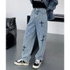 QWEEK Grunge Streetwear Cross Embroidery Wide Leg Jeans Women Hip Hop Grunge Harajuku Oversize Autumn Denim Pants Baggy