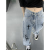 QWEEK Grunge Streetwear Cross Embroidery Wide Leg Jeans Women Hip Hop Grunge Harajuku Oversize Autumn Denim Pants Baggy