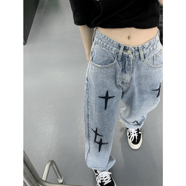 QWEEK Grunge Streetwear Cross Embroidery Wide Leg Jeans Women Hip Hop Grunge Harajuku Oversize Autumn Denim Pants Baggy