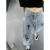QWEEK Grunge Streetwear Cross Embroidery Wide Leg Jeans Women Hip Hop Grunge Harajuku Oversize Autumn Denim Pants Baggy