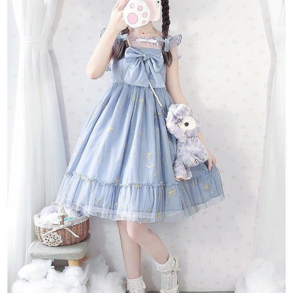 QWEEK Kawaii Blue Lolita Dress for Girls Soft Mesh Fairy Cute Lolita Dress Princess Tea Party Teenagers Japan Slip Outfits