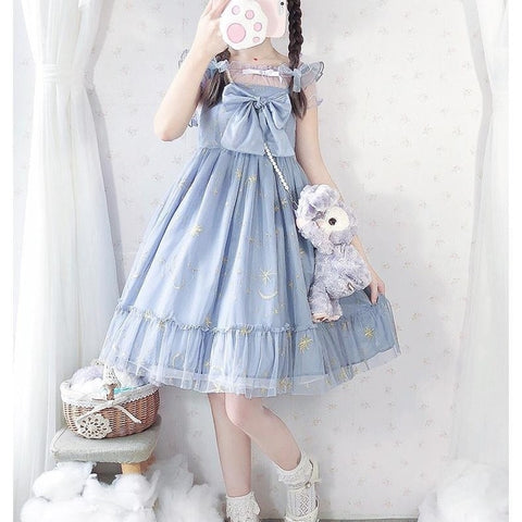QWEEK Kawaii Blue Lolita Dress for Girls Soft Mesh Fairy Cute Lolita Dress Princess Tea Party Teenagers Japan Slip Outfits