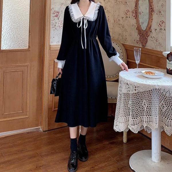 QWEEK Kawaii Lace Peter Pan Collar Black Midi Dress Women French Vintage Elegant Long Sleeve Fairy Princess Dresses 2022 Chic