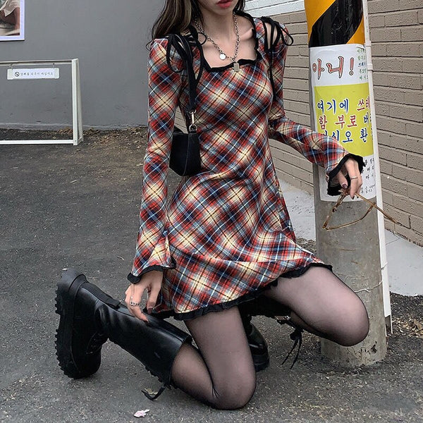 QWEEK Lolita Kawaii Plaid Dress Harajuku 2022 Autumn Japanese Sweet Gothic Goth Lolita Party Mini Dress Cute Clothes Female