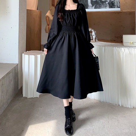 QWEEK Vintage Black Dress Women French Eleganr Square Collar Long Sleeve Midi Dress 2022 Autumn Ladies Retro Clothes Chic Korean