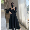 QWEEK Vintage Black Long Sleeve Midi Dress Women French Square Collar Elegant Party Dresses Autumn 2022 Chic Trendy Kpop Clothes