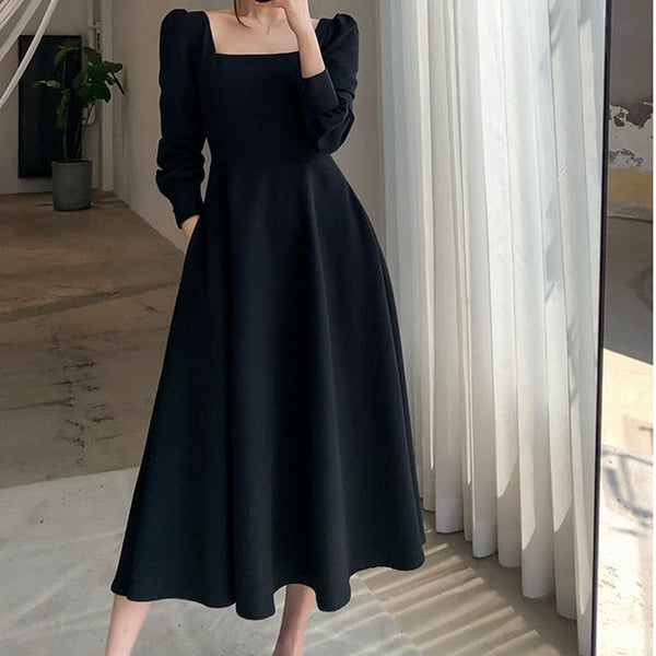 QWEEK Vintage Black Long Sleeve Midi Dress Women French Square Collar Elegant Party Dresses Autumn 2022 Chic Trendy Kpop Clothes