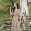 QWEEK Vintage Floral Dress Woman Chic Mori Style Retro Puff Sleeve Ruched Chiffon Square Collar Elegant Midi Dress Pastoral 2022