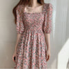 QWEEK Vintage Floral Dress Woman Chic Mori Style Retro Puff Sleeve Ruched Chiffon Square Collar Elegant Midi Dress Pastoral 2022
