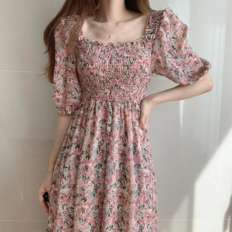 QWEEK Vintage Floral Dress Woman Chic Mori Style Retro Puff Sleeve Ruched Chiffon Square Collar Elegant Midi Dress Pastoral 2022
