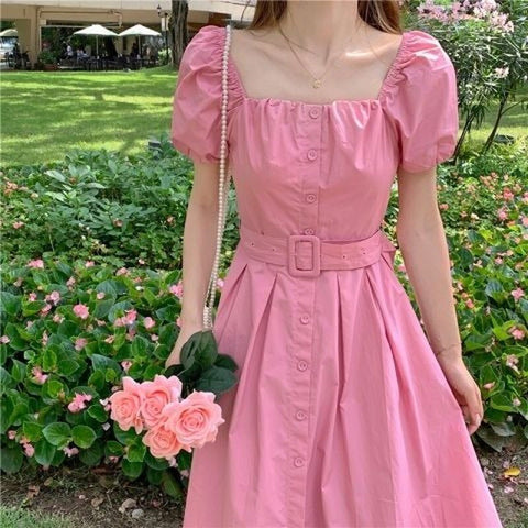 QWEEK Vintage Puff Sleeve Dress Woman French Casual Elegant Square Collar Wrap Midi Dress Belt Robe Female Chic 2022 Autumn