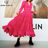 Qian Han Zi designer high-end custom  dress Women Long sleeve buttons belt Slim fit with pleated Elegant midi dress