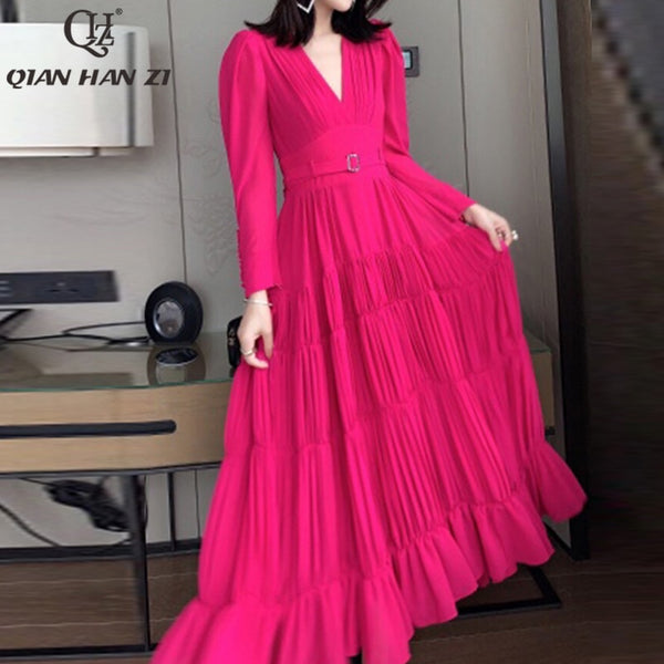 Qian Han Zi designer high-end custom  dress Women Long sleeve buttons belt Slim fit with pleated Elegant midi dress