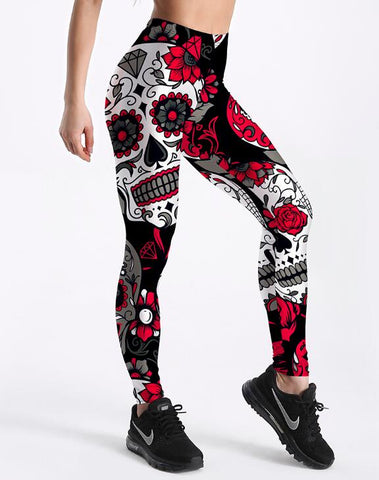 Leggings Hot Sell Women's Skull&flower Black Leggings Digital Print Pants Trousers Stretch Pants Plus Size