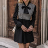 Qkezz Patchwork Women Dress Bow Tie Front Office Ladies A-line Dresses Mini Elegant Chic Long Sleeve Spring Vintage Vestidos