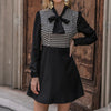 Qkezz Patchwork Women Dress Bow Tie Front Office Ladies A-line Dresses Mini Elegant Chic Long Sleeve Spring Vintage Vestidos
