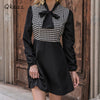 Qkezz Patchwork Women Dress Bow Tie Front Office Ladies A-line Dresses Mini Elegant Chic Long Sleeve Spring Vintage Vestidos