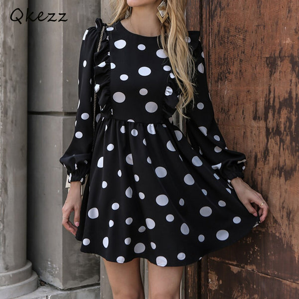 Qkezz Ruffle Women Dress Vintage Polka Dot Print Chic A-line Vestidos Casual Long Sleeve Spring Fall Mini Dresses