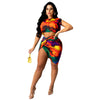 Qm4313 2022 European and American summer women's tie dyeing printing knotted pleated skirt set two-piece  color spot supply whol