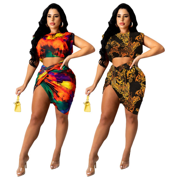 Qm4313 2022 European and American summer women's tie dyeing printing knotted pleated skirt set two-piece  color spot supply whol