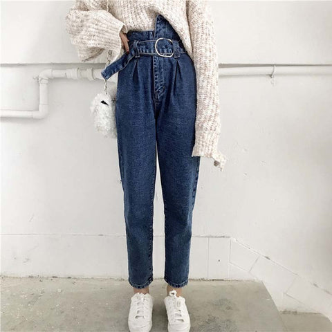 High Waist Belt Jeans Womens Clothing Straight Blue Fashion Boyfriend Fashion Denim Long Trouser Autumn Winter Apparel