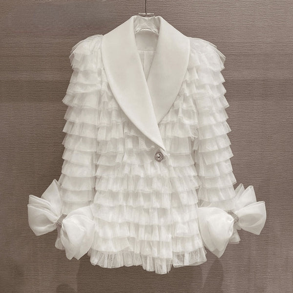 Quality Brand Cascading Ruffle Blazer Women Crystal Temperament Bowknot Blazer Female Notched Long Suit Coat For Women