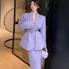 Quality Office Ladies' Suits With Skirt Two-Piece Setup Autumn Women Purple With Belt Blazer Chic High-Waist Split Skirt Outfit