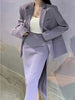 Quality Office Ladies' Suits With Skirt Two-Piece Setup Autumn Women Purple With Belt Blazer Chic High-Waist Split Skirt Outfit