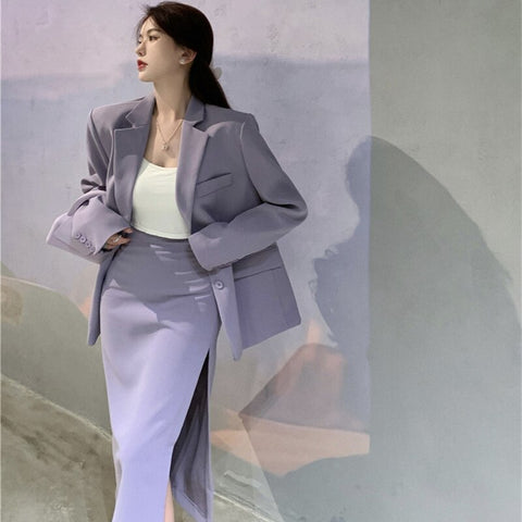 Quality Office Ladies' Suits With Skirt Two-Piece Setup Autumn Women Purple With Belt Blazer Chic High-Waist Split Skirt Outfit