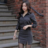 Queen Skirt Suits Womens Elegant Stripe 2 Pieces Sets Long-Sleeved Shirt Crop Top + Sheath Bodycon Pencil Skirt