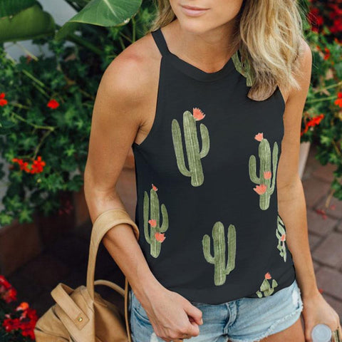 Women Ladies Cactus Printed Sleeveless Halter Camis Tank Tops Loose Tee Camisole Female Fem Vest Sexy Summer Clothes