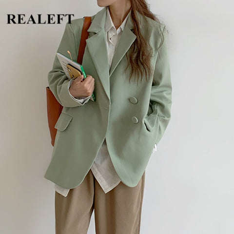 REALEFT 2023 Elegant Double Breasted Women's Blazer Solid Long Sleeve Turn Down Collar Autumn Winter Loose Jacket Female