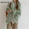 REALEFT 2023 Elegant Double Breasted Women's Blazer Solid Long Sleeve Turn Down Collar Autumn Winter Loose Jacket Female